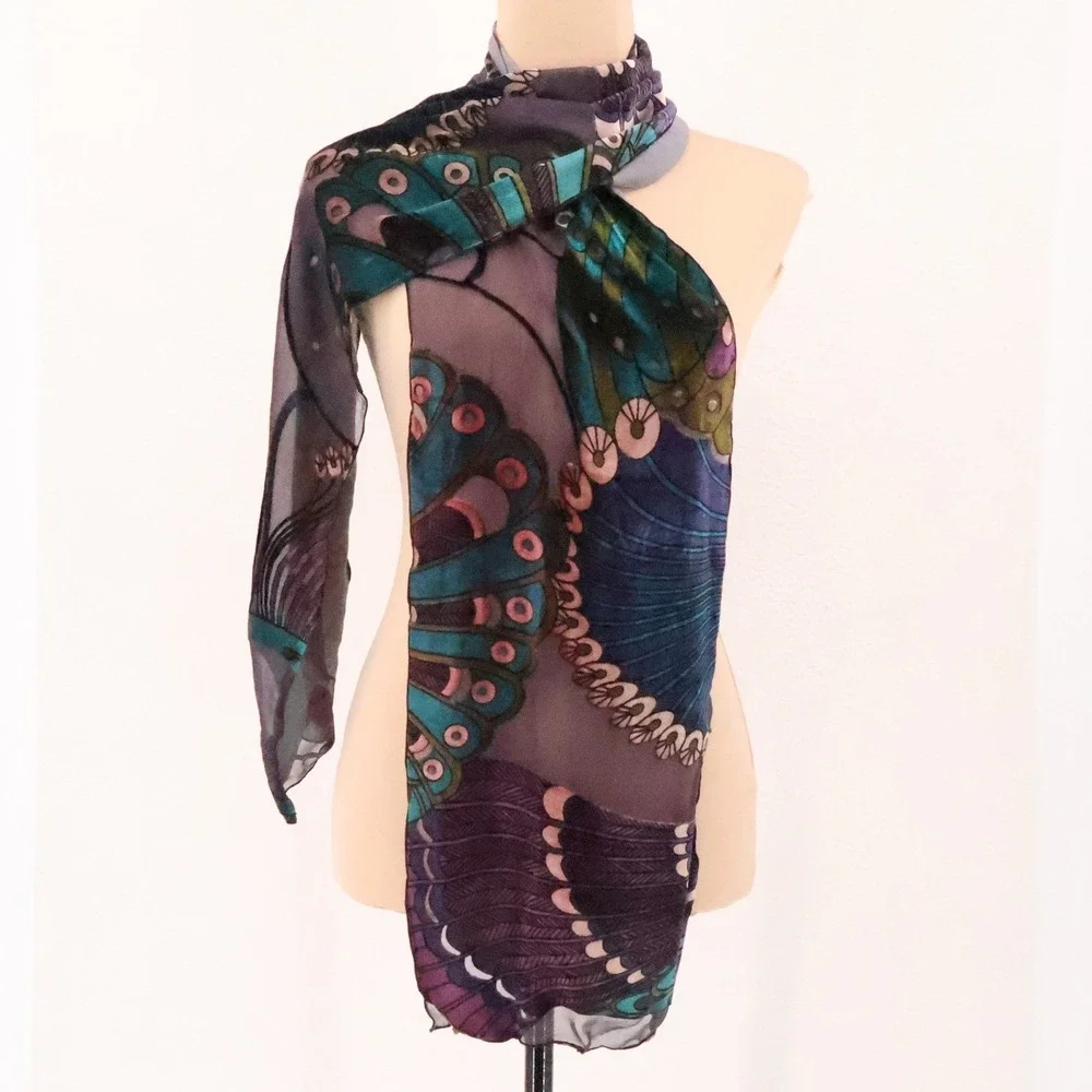 Peacock Velvet Burnoout Scarf Wrap Womens Art Nouveau Artsy Boho Jewel Tone